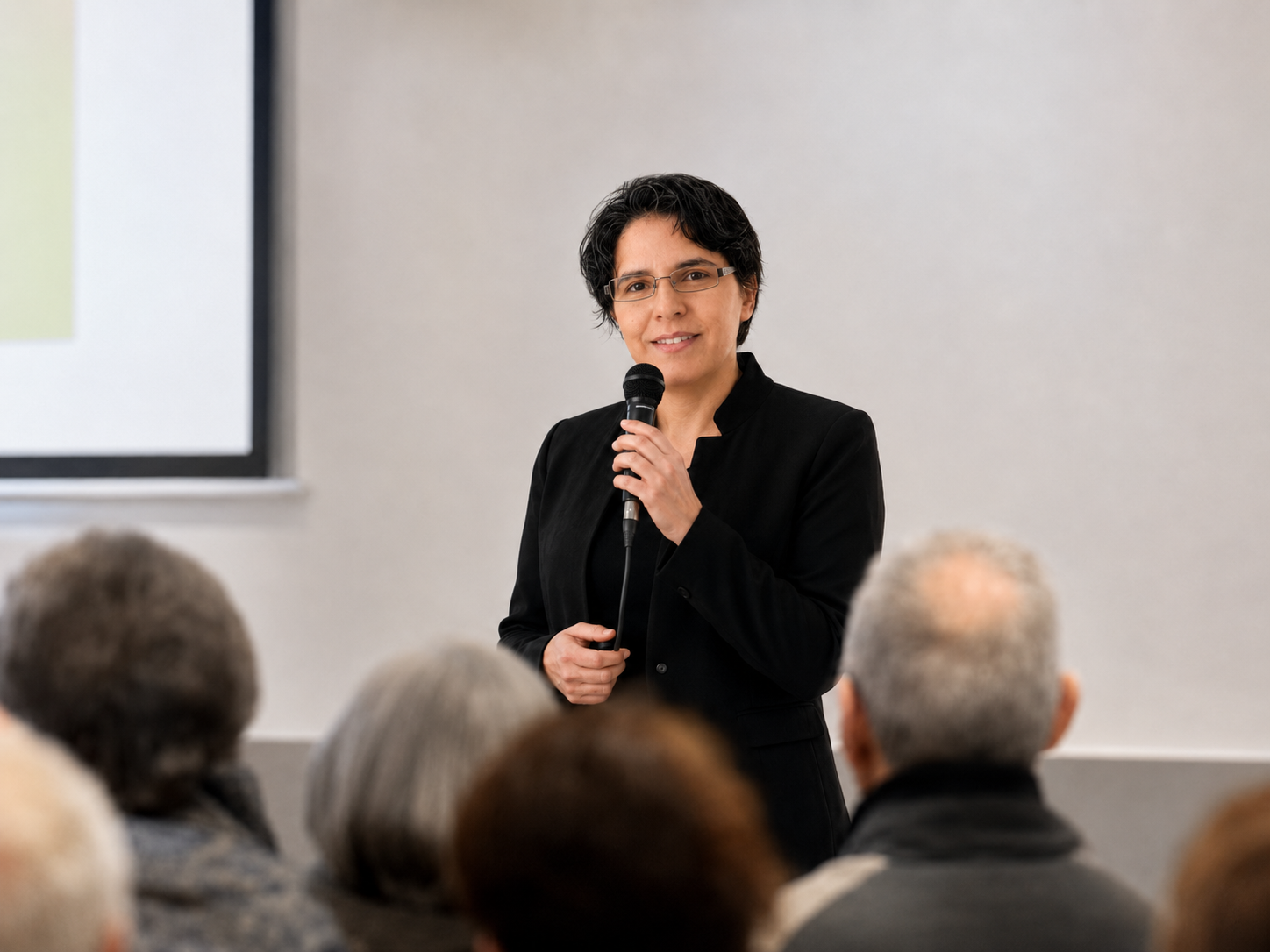 Pascale Vié en conférence, micro en main