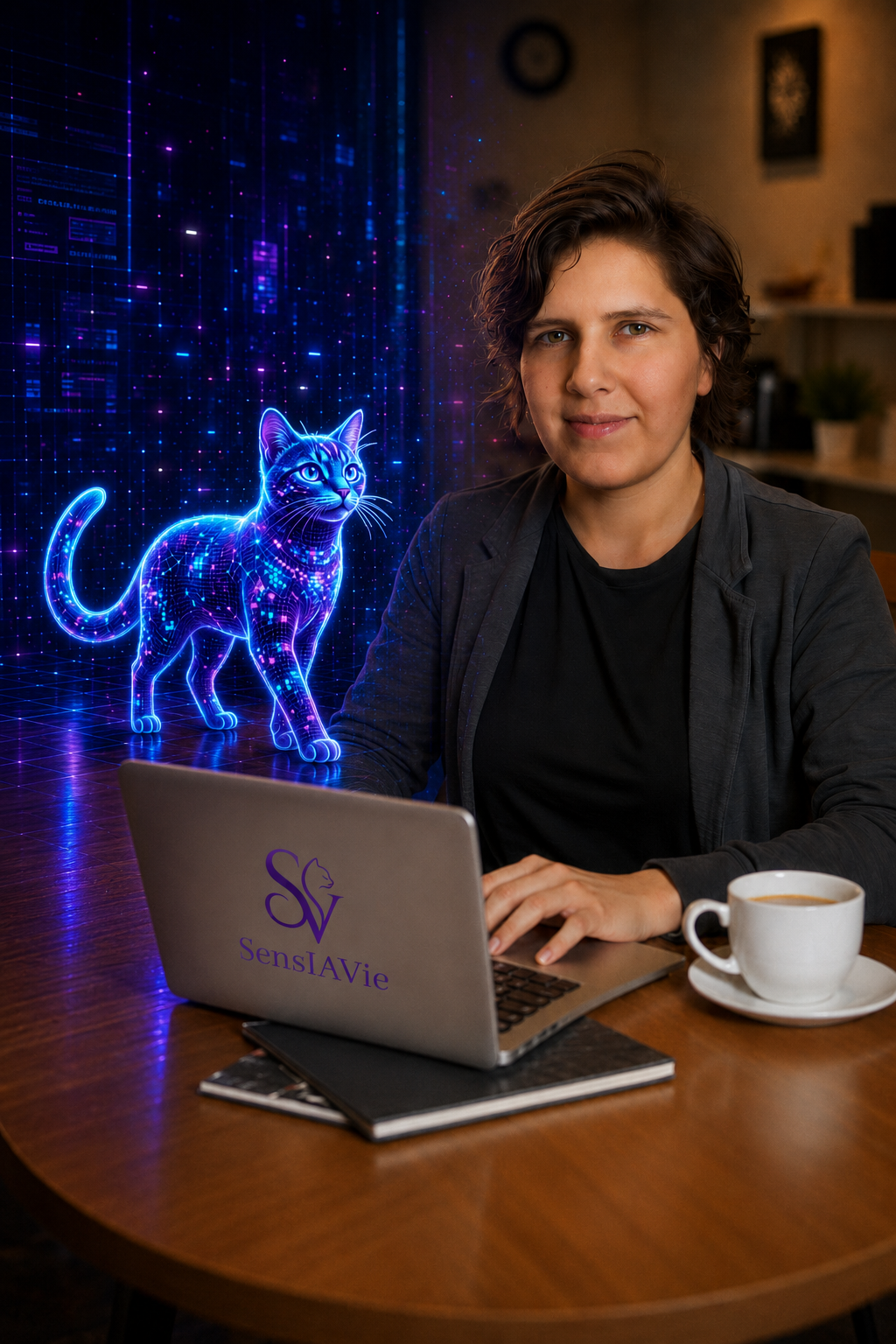 Pascale au travail avec sa chatte, mascotte de SensIAVie